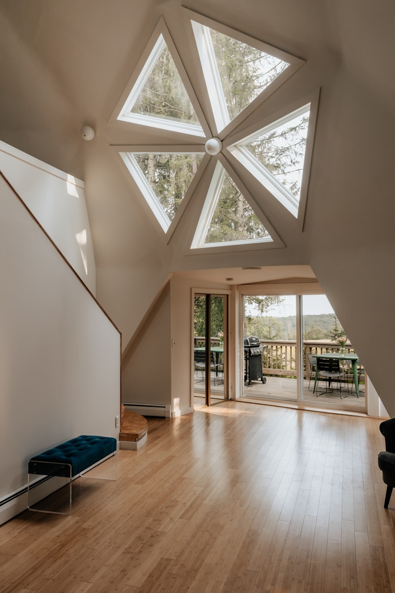 A large room with a skylight and a piano